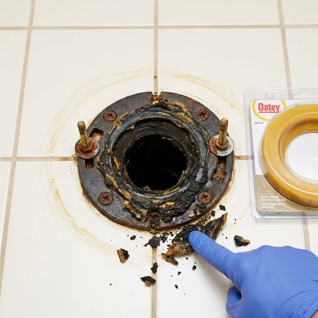 Failed wax ring showing water seepage at the base of a toilet in a Elgin, OK home