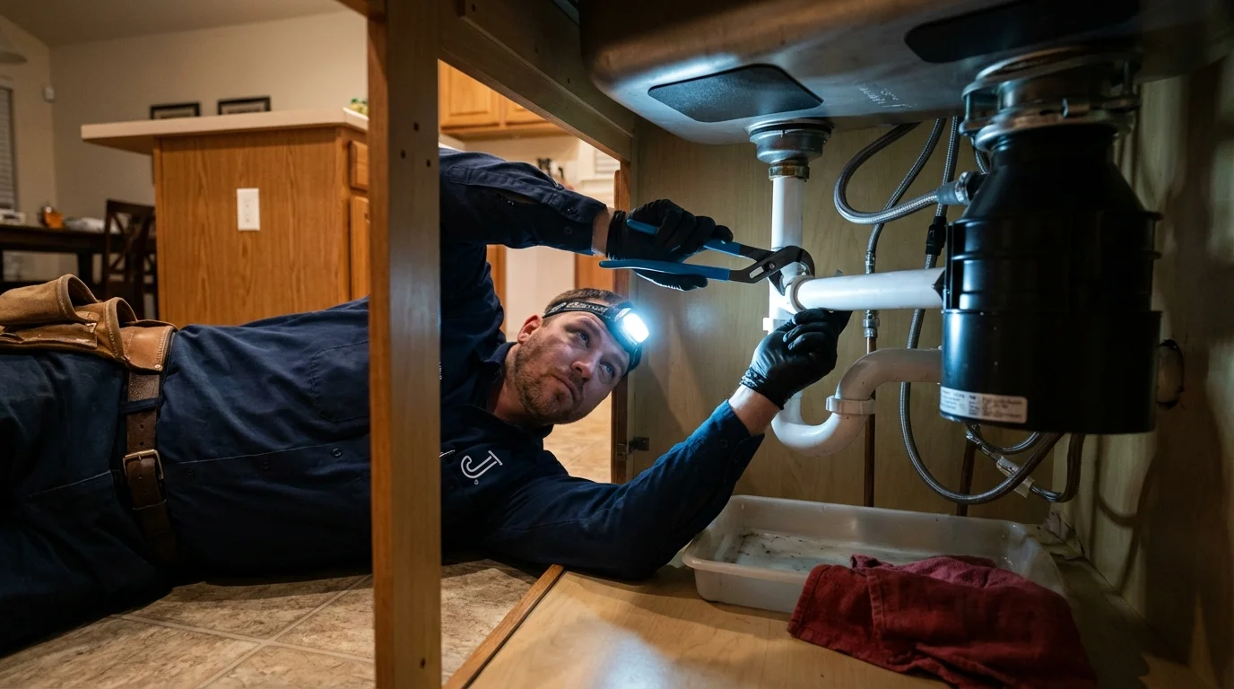 P-trap and supply line connections under a kitchen sink showing a common leak point in Elgin, OK